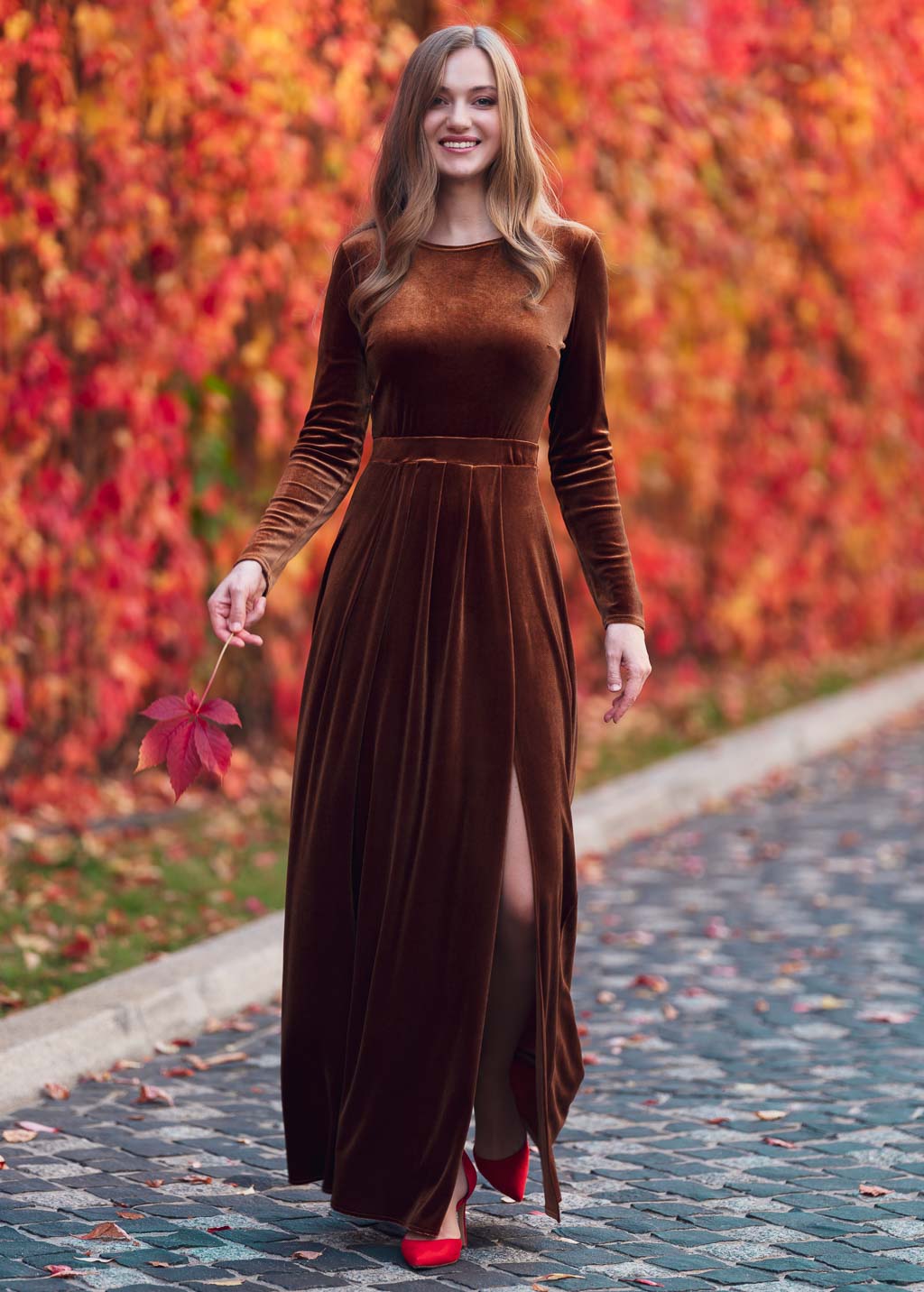 Rust gold velvet long dress