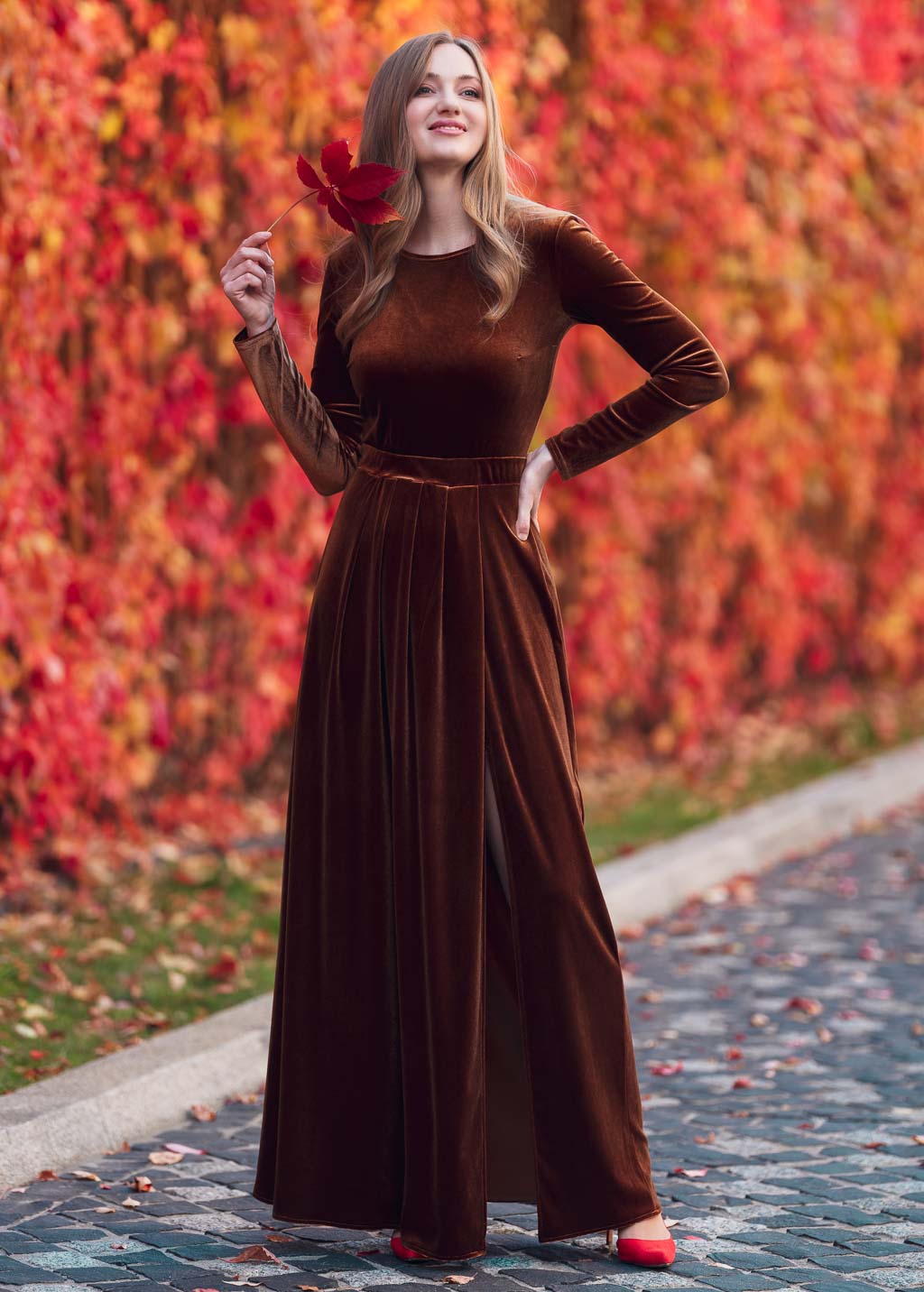 Rust gold velvet long dress