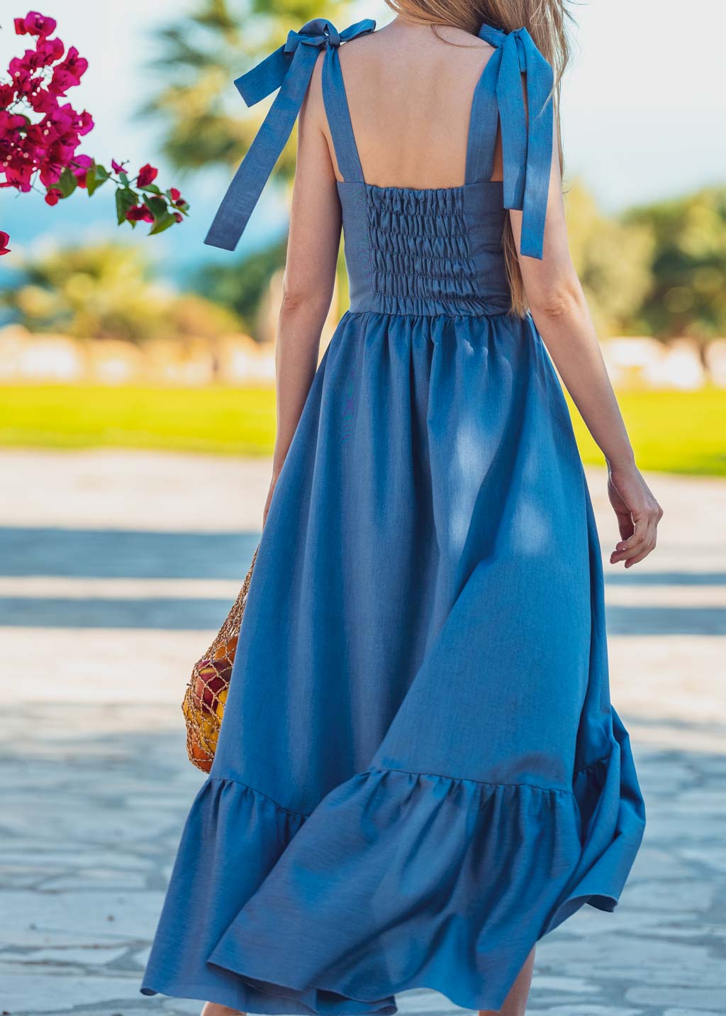 Blue cotton boho long summer dress