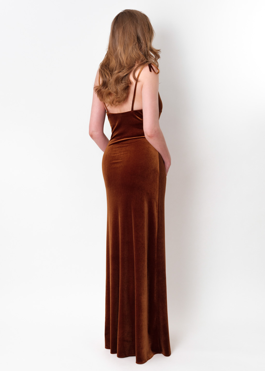 Rust gold slip slit velvet bodycon long dress