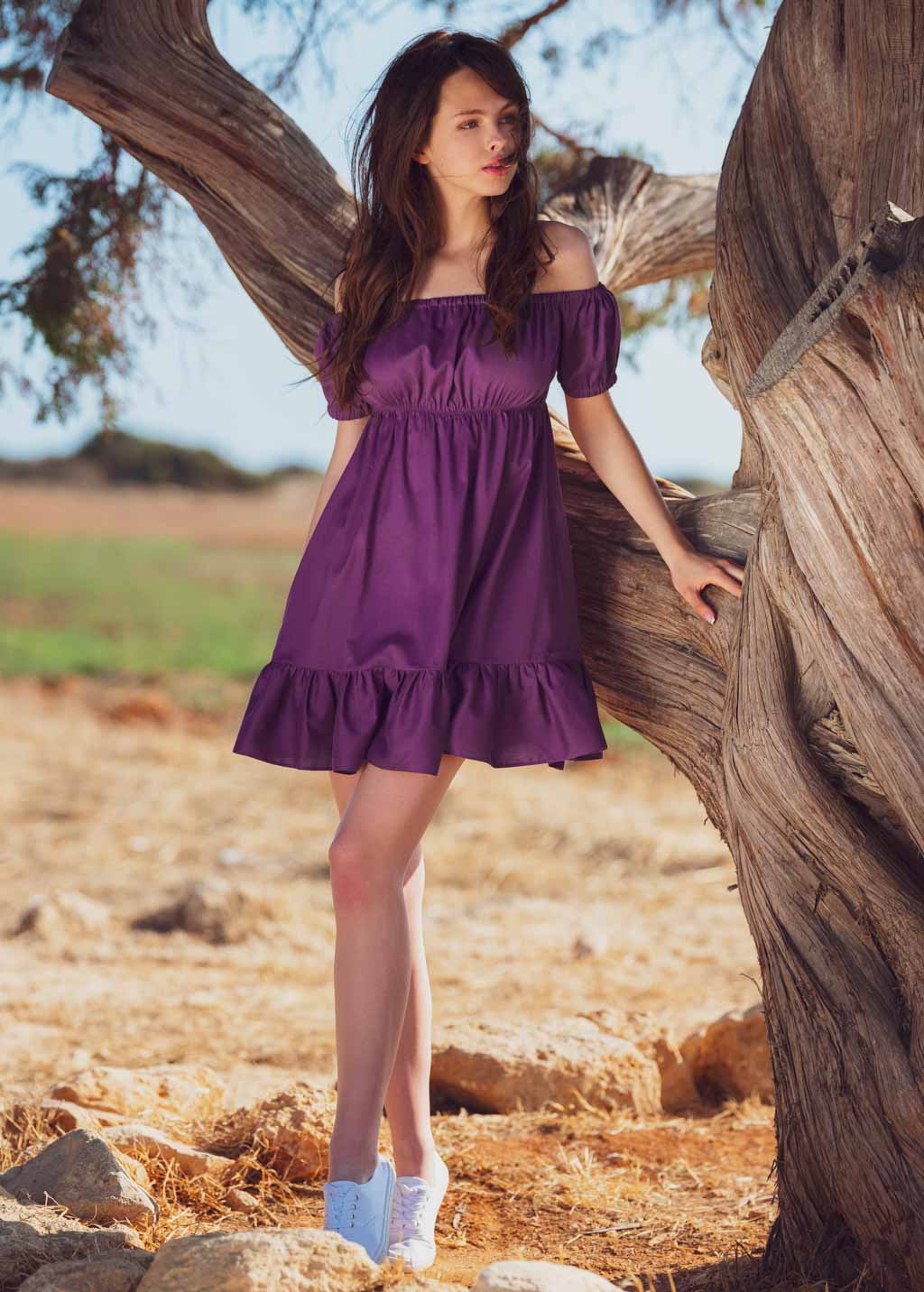 Purple organic linen off shoulder short dress