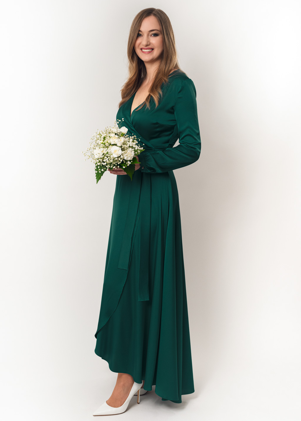 Dark green wrap silk dress