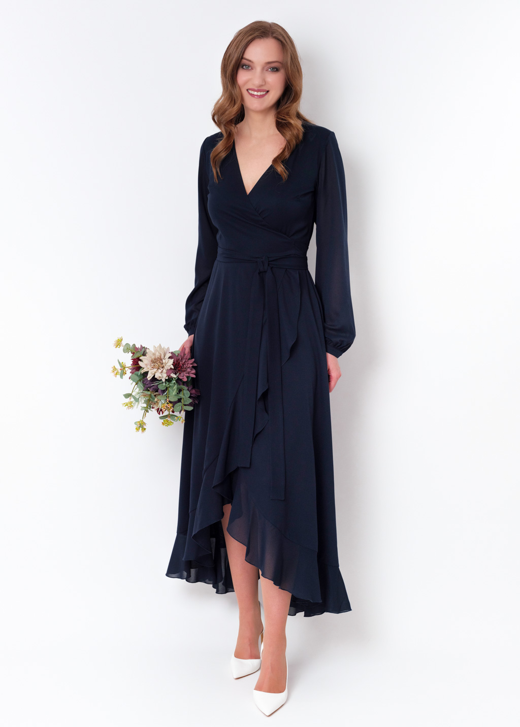 Navy blue chiffon wrap dress