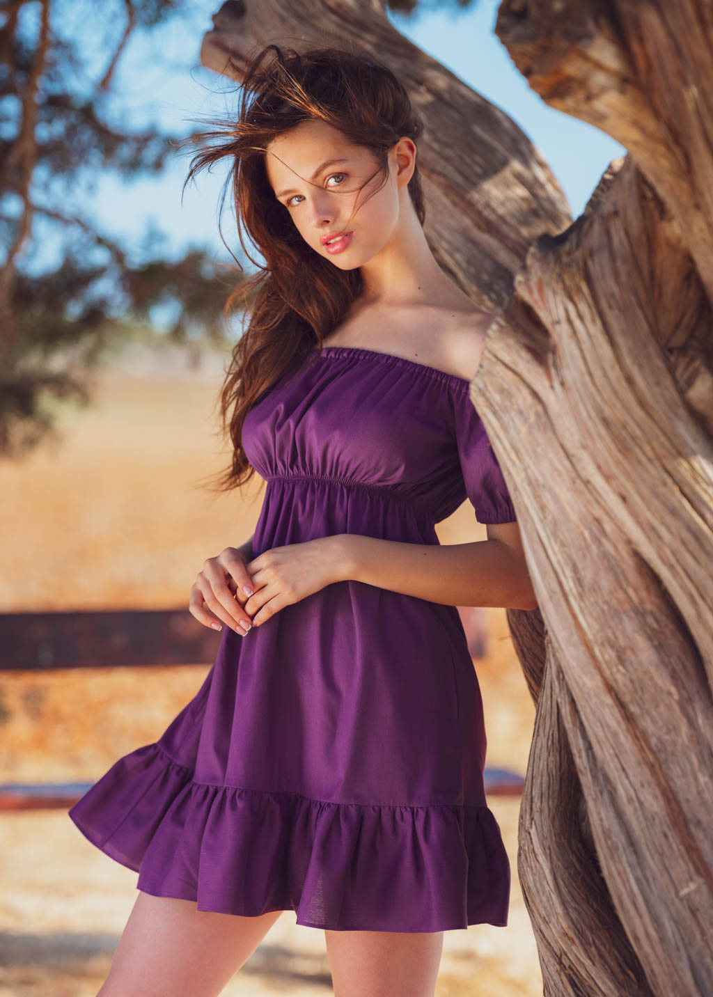 Purple organic linen off shoulder short dress