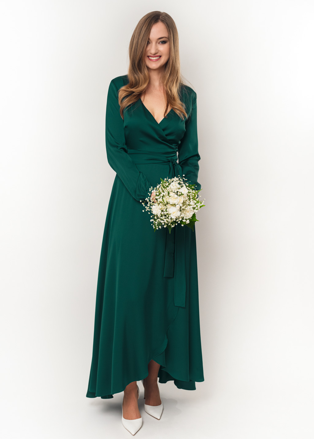 Dark green wrap silk dress