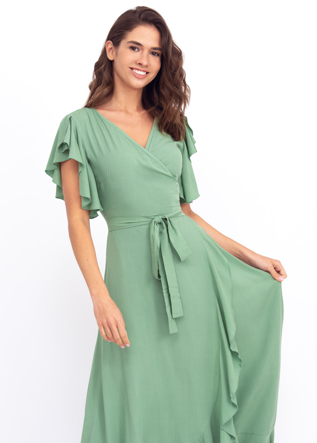 Sage green romantic wrap around dress