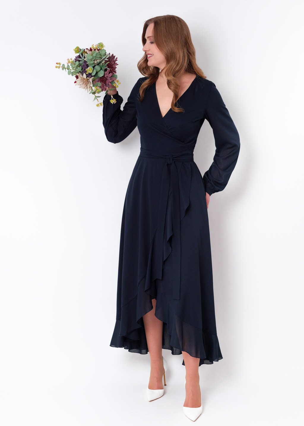 Navy blue chiffon wrap dress