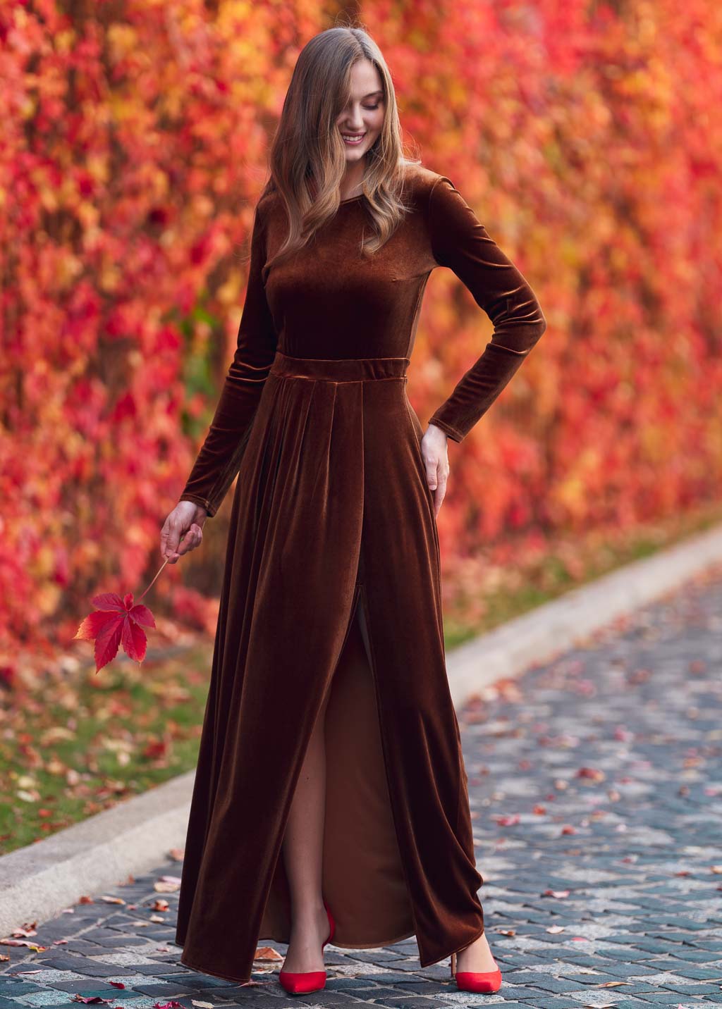 Rust gold velvet slit dress
