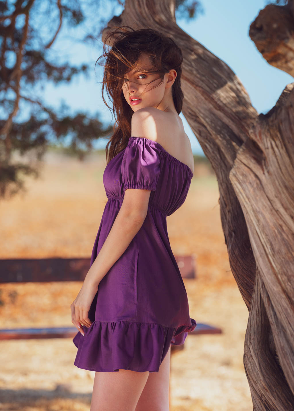 Purple organic linen off shoulder short dress