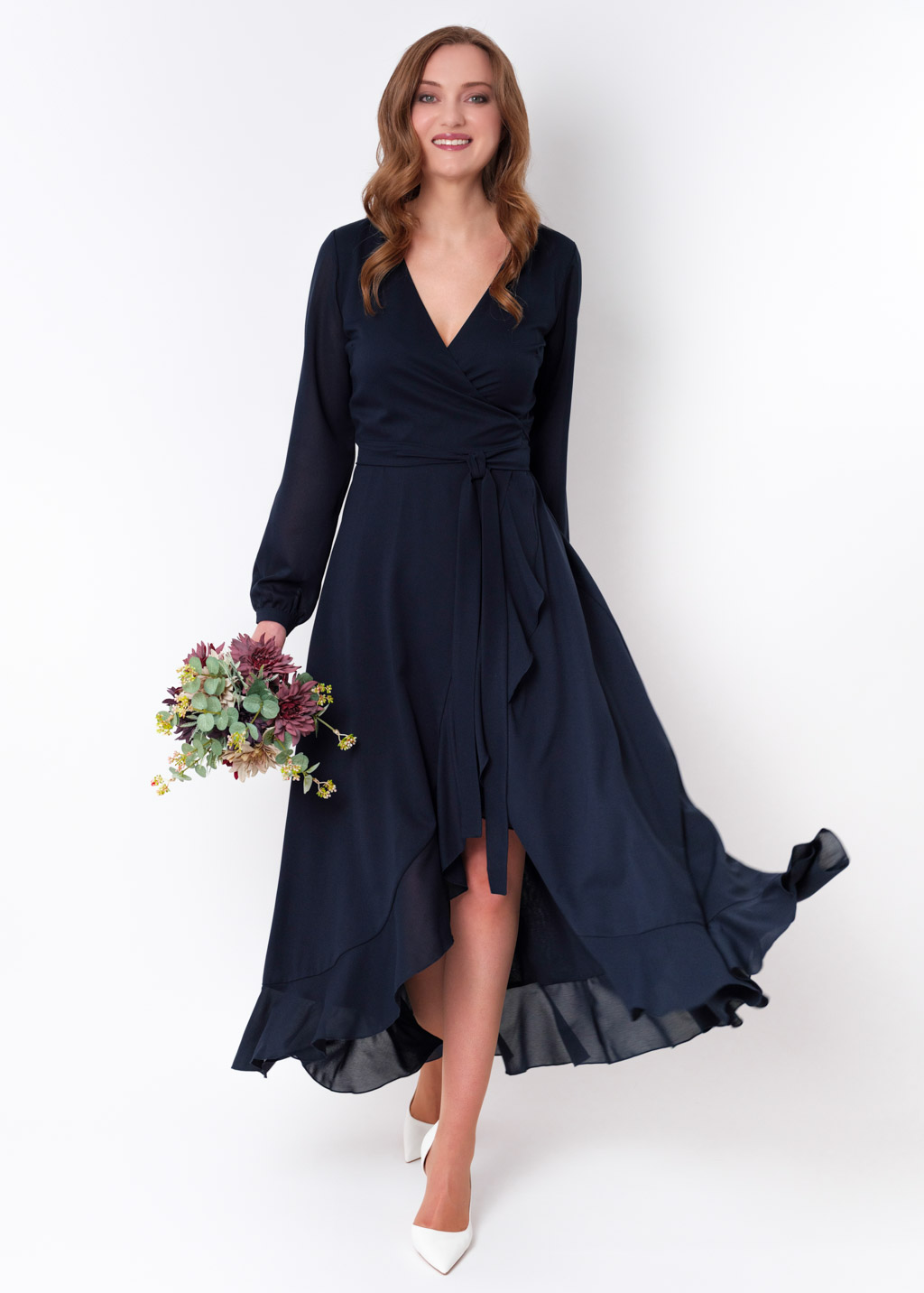 Navy blue chiffon wrap dress