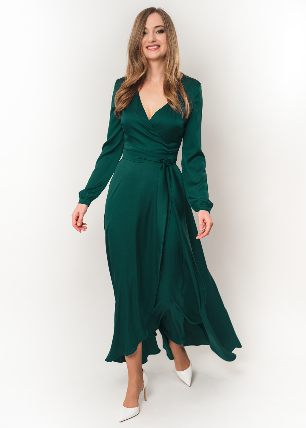 Dark green wrap silk dress