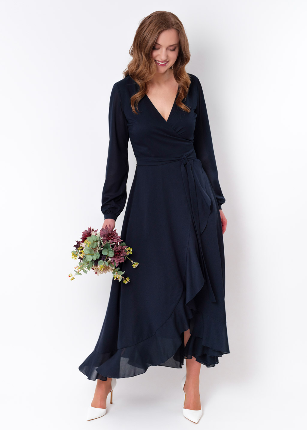 Navy blue chiffon wrap dress