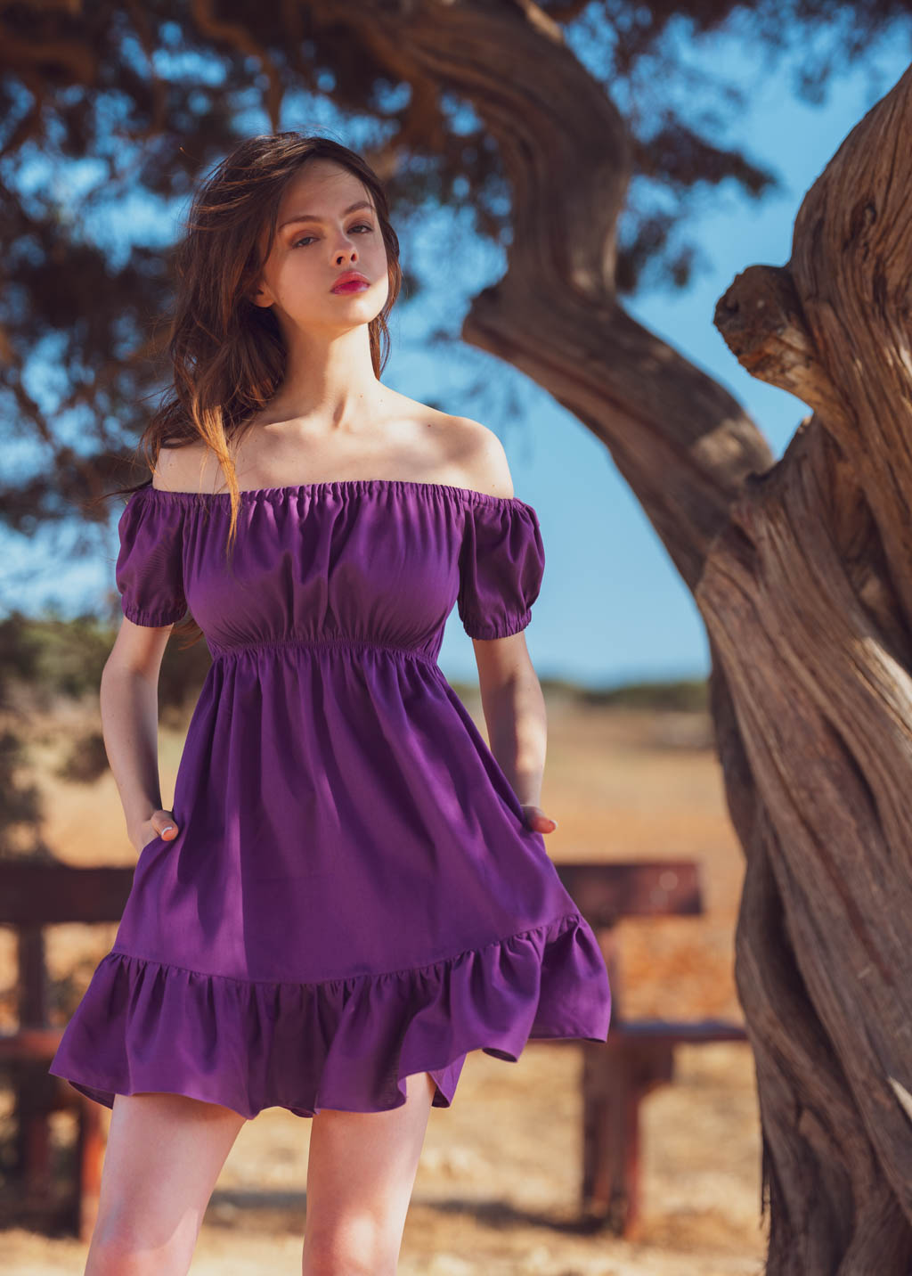 Purple organic linen off shoulder short dress