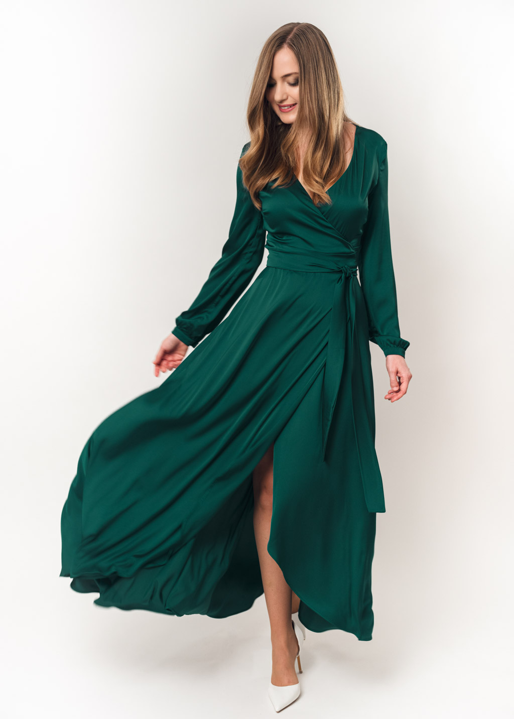 Dark green wrap silk dress