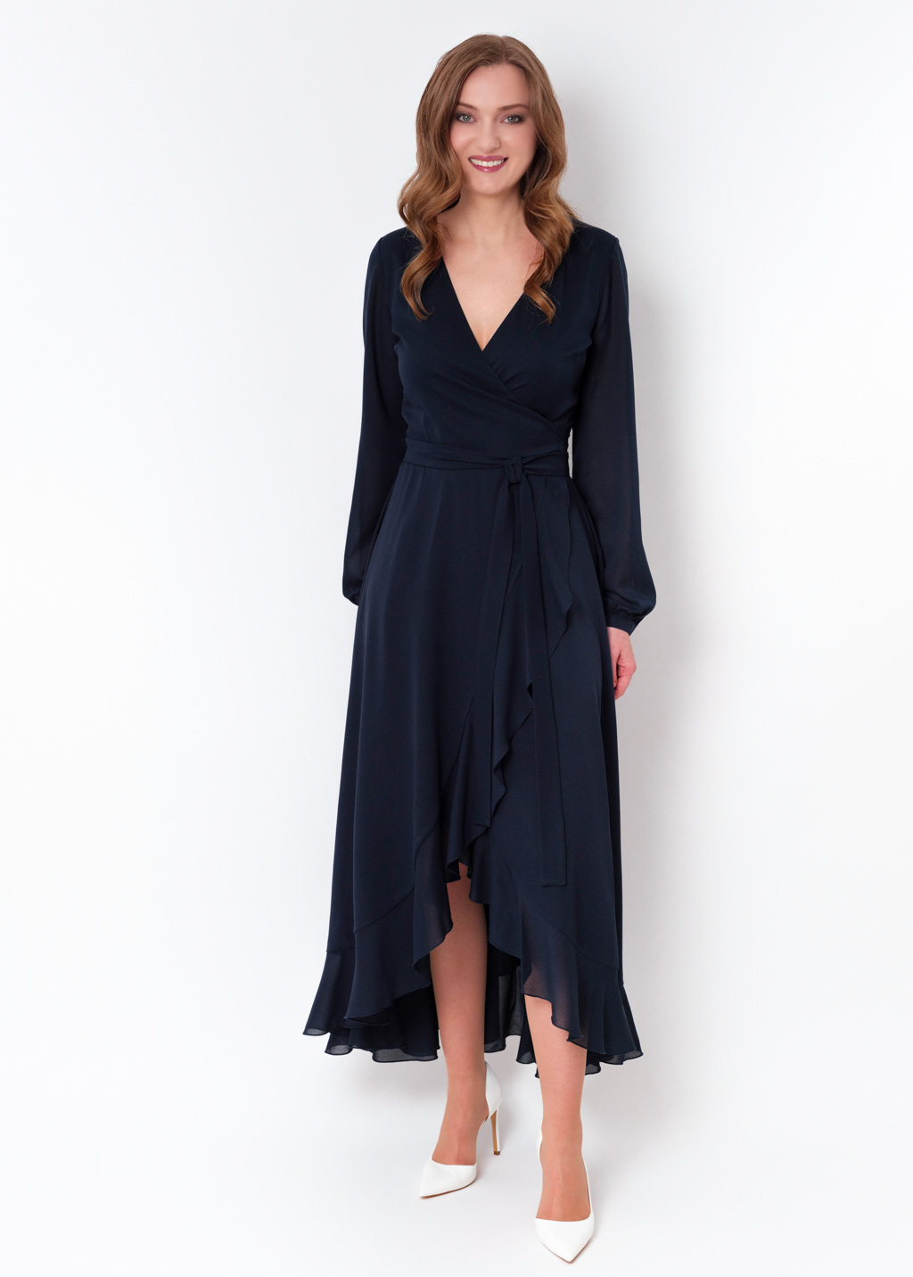 Navy blue chiffon wrap dress