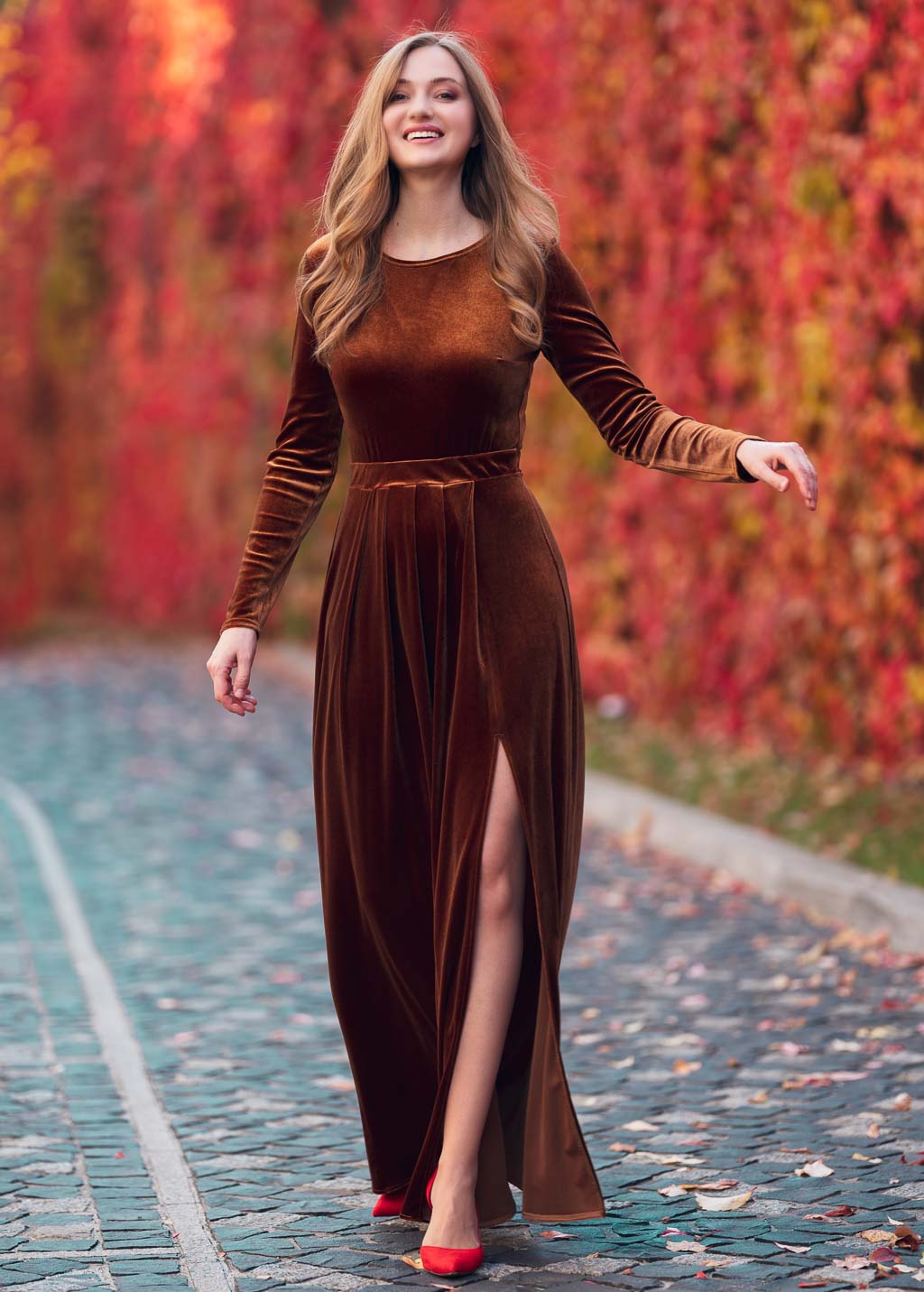 Rust gold velvet long dress