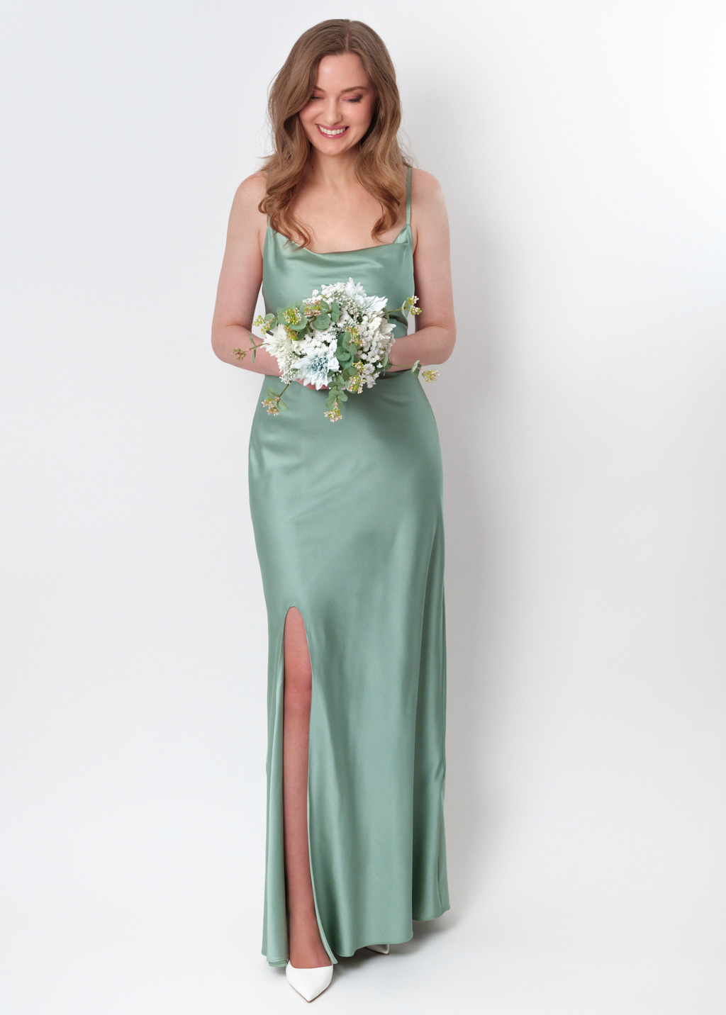 Sage green silk slip slit dress