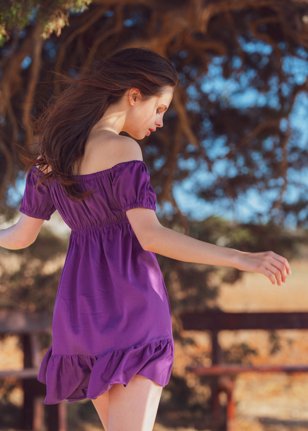 Purple organic linen off shoulder short dress