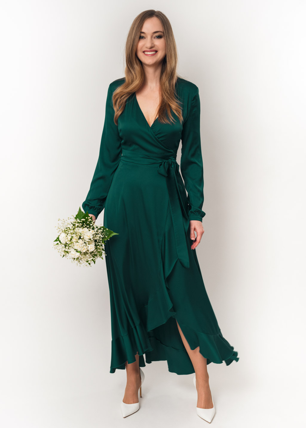 Dark green long wrap silk dress