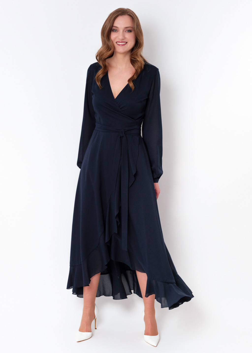 Navy blue chiffon wrap dress