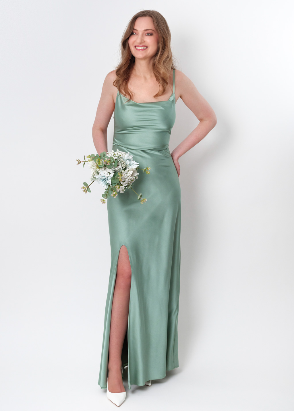 Sage green silk slip slit dress