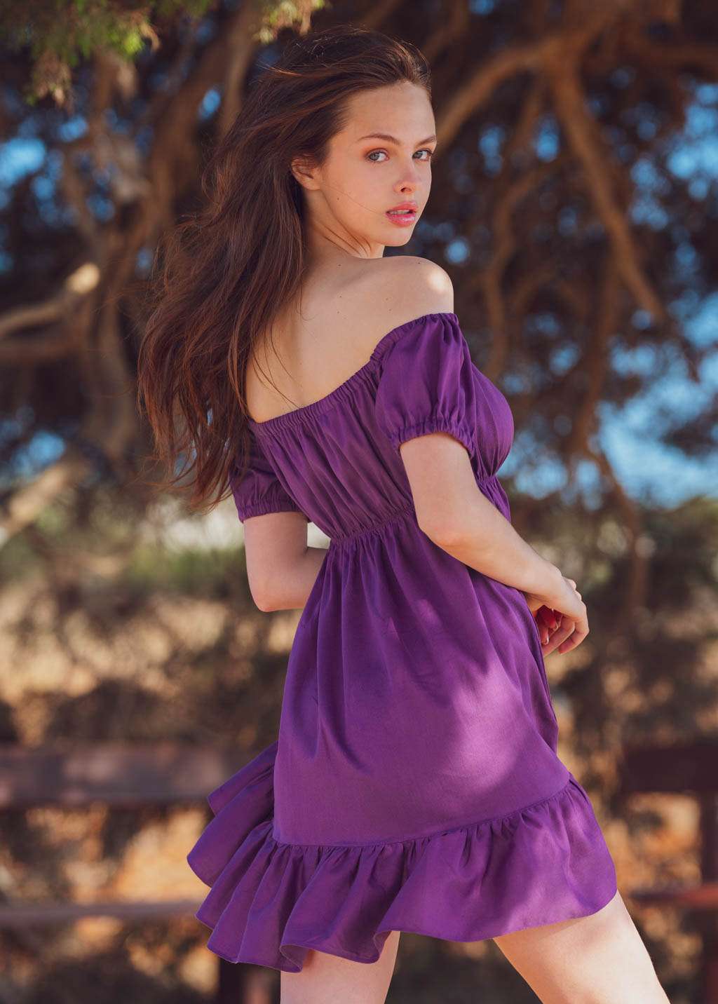 Purple organic linen off shoulder short dress