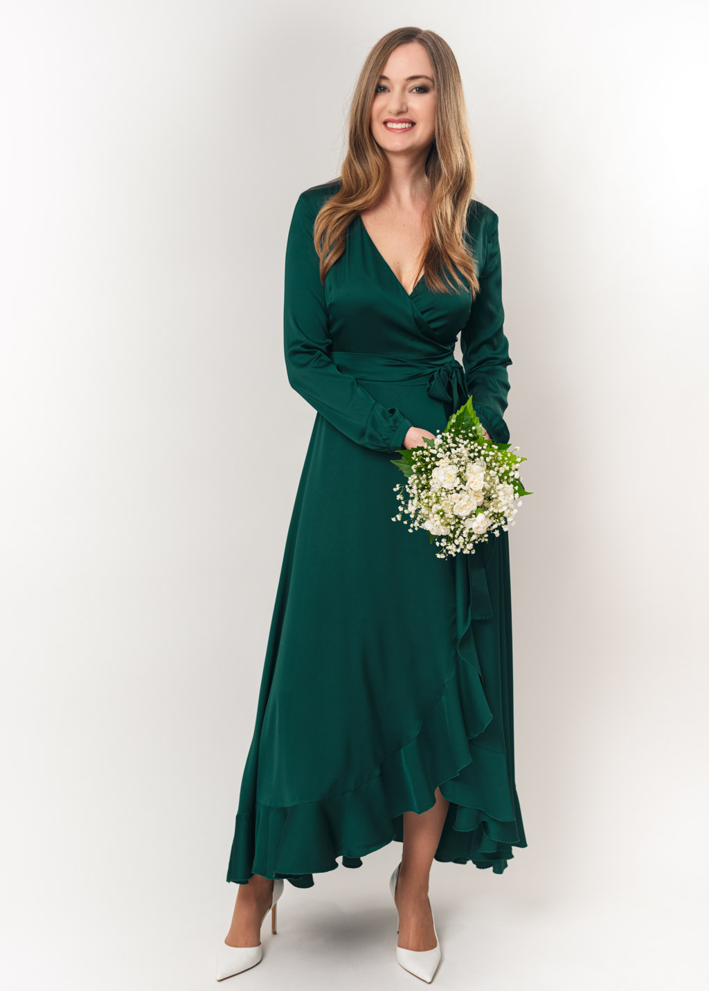 Dark green long wrap silk dress