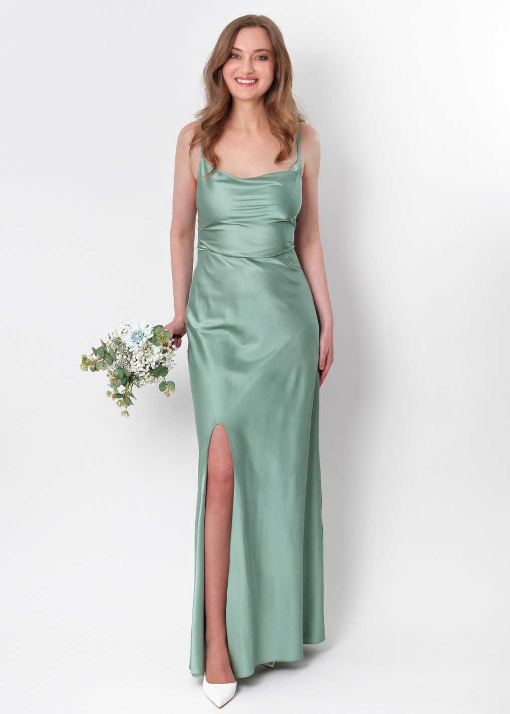 Sage green silk slip slit dress