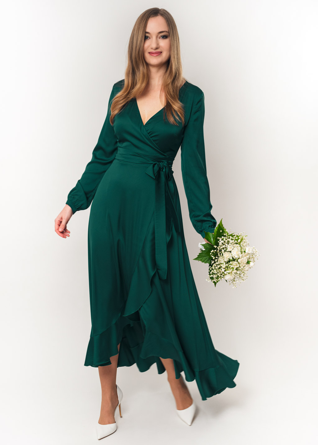 Dark green long wrap silk dress