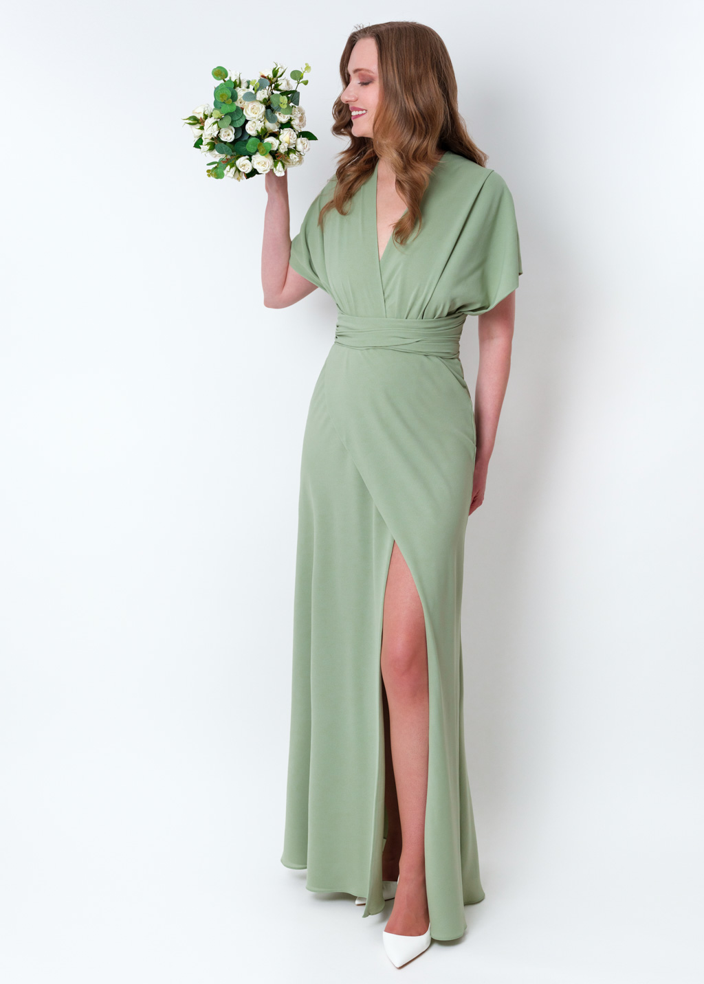 Sage green chiffon infinity slit dress