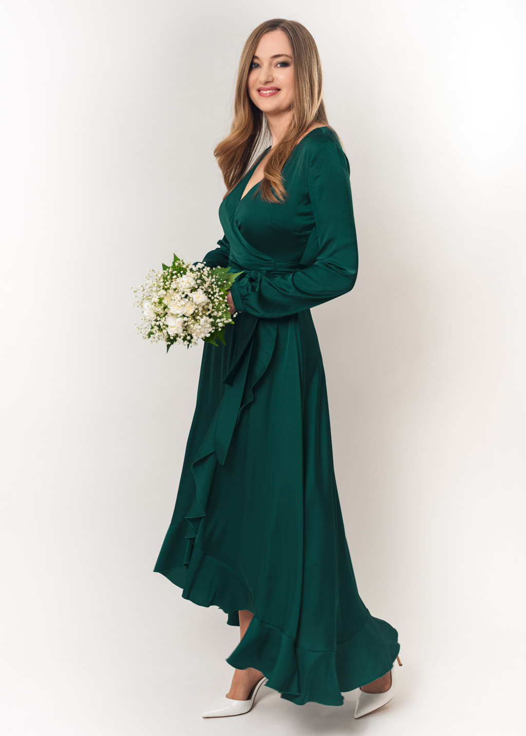 Dark green long wrap silk dress