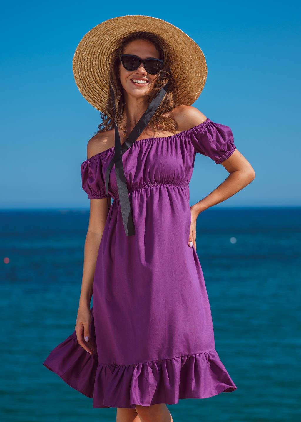 Purple organic linen off shoulder midi dress