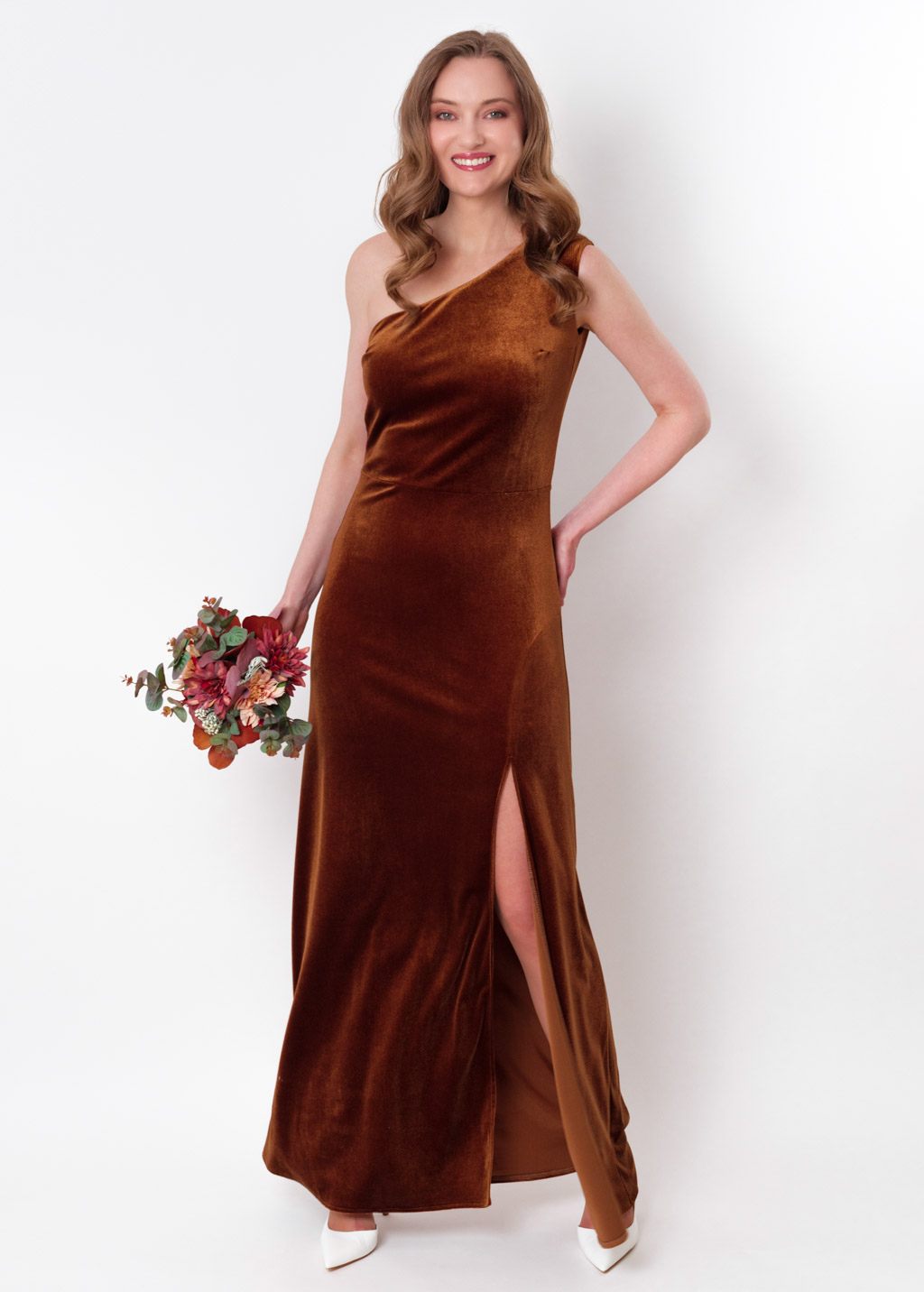 Rust gold velvet one shoulder slit dress
