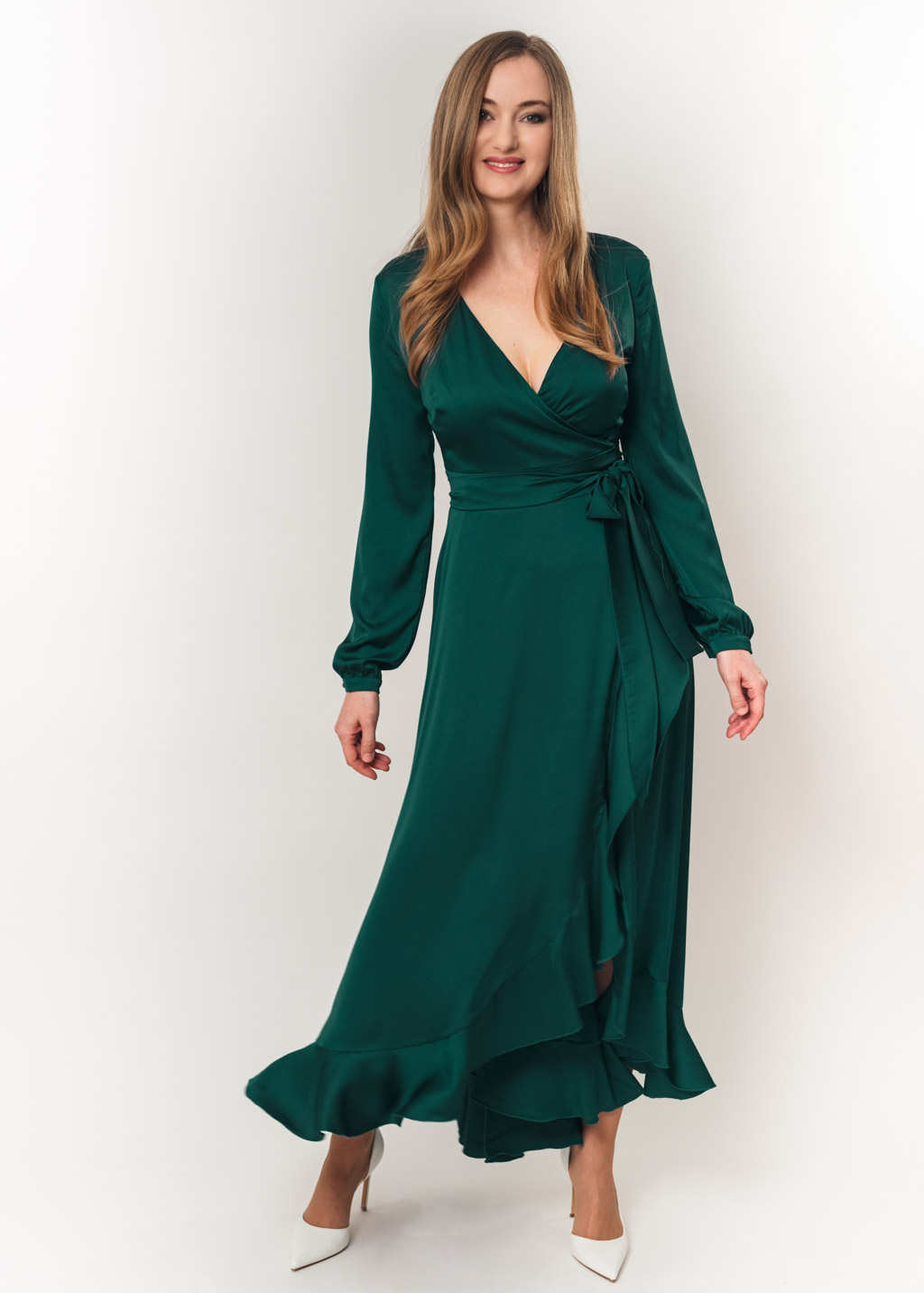 Dark green long wrap silk dress