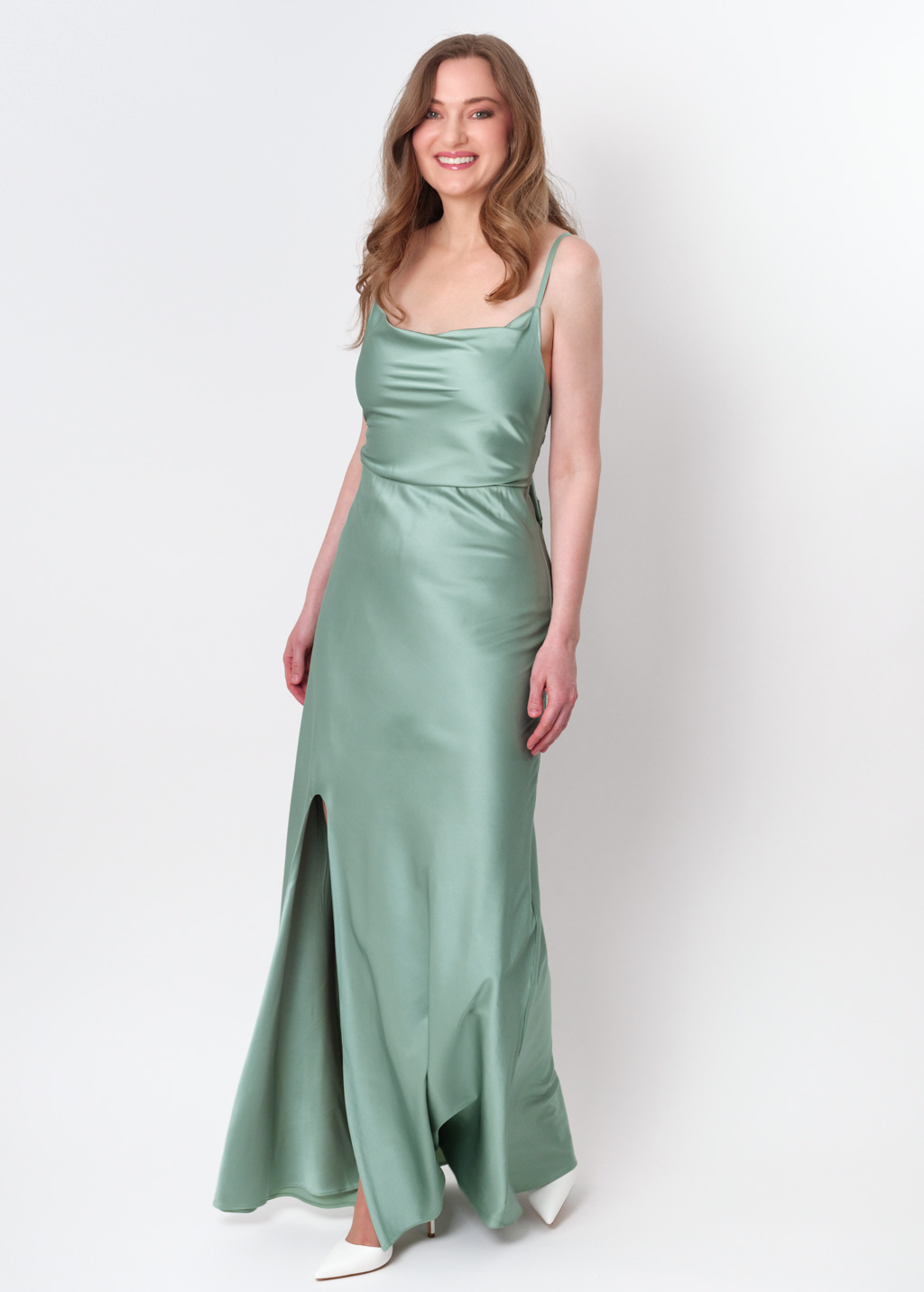 Sage green silk slip slit dress