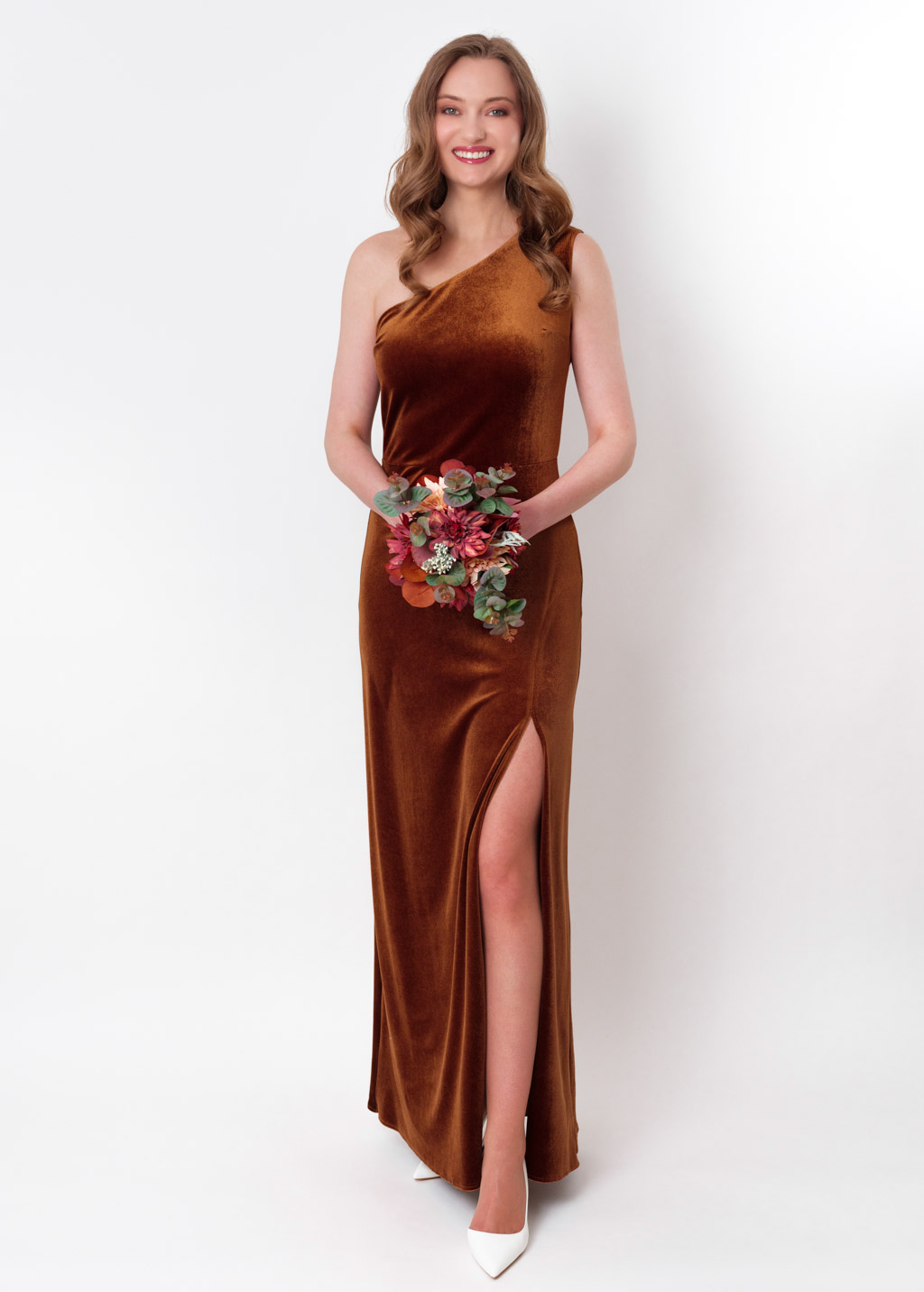 Rust gold velvet one shoulder slit dress