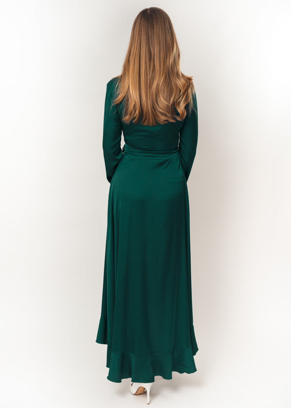 Dark green long wrap silk dress