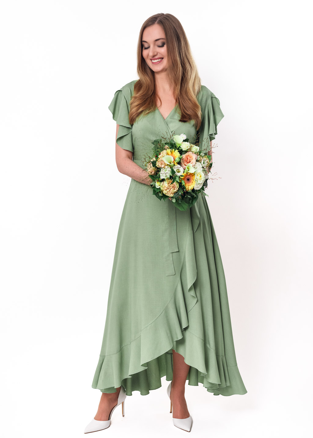 Sage green romantic wrap around dress