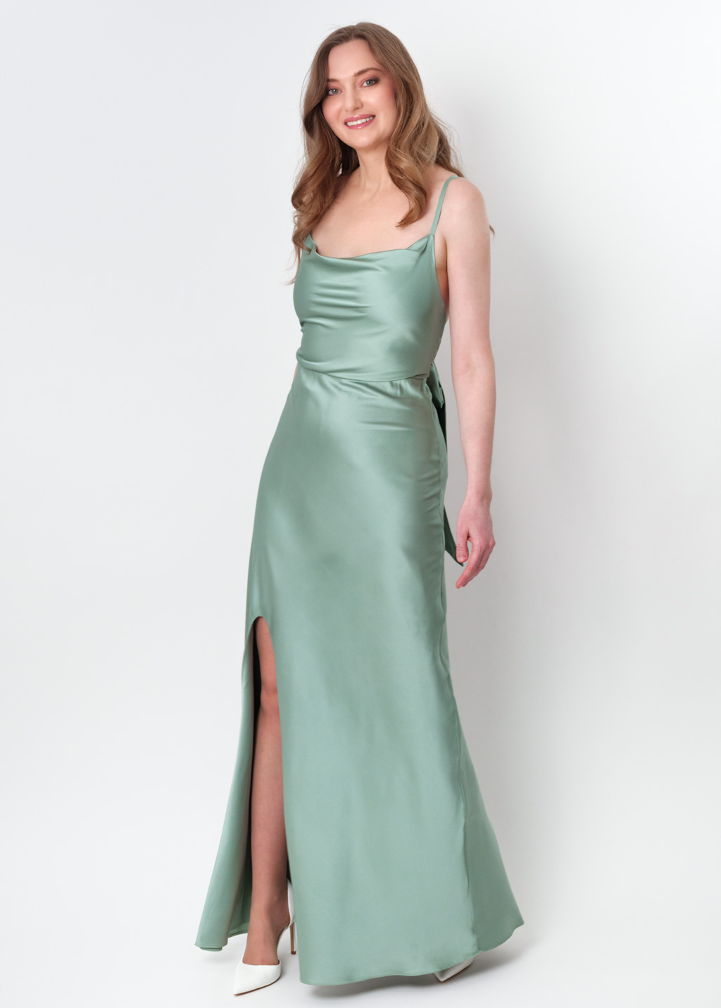 Sage green silk slip slit dress