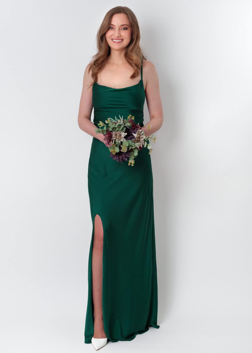 Dark green silk slip slit dress