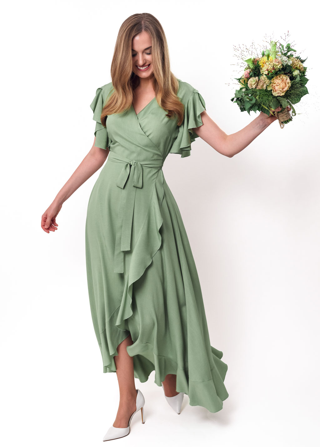 Sage green romantic wrap around dress