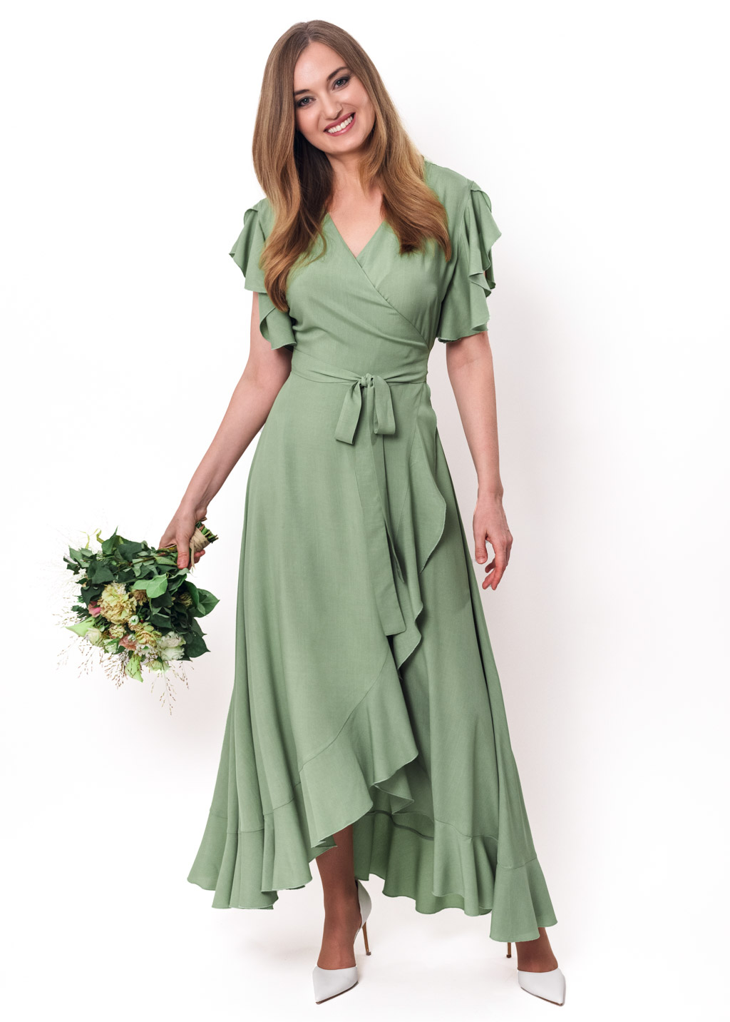 Sage green romantic wrap around dress