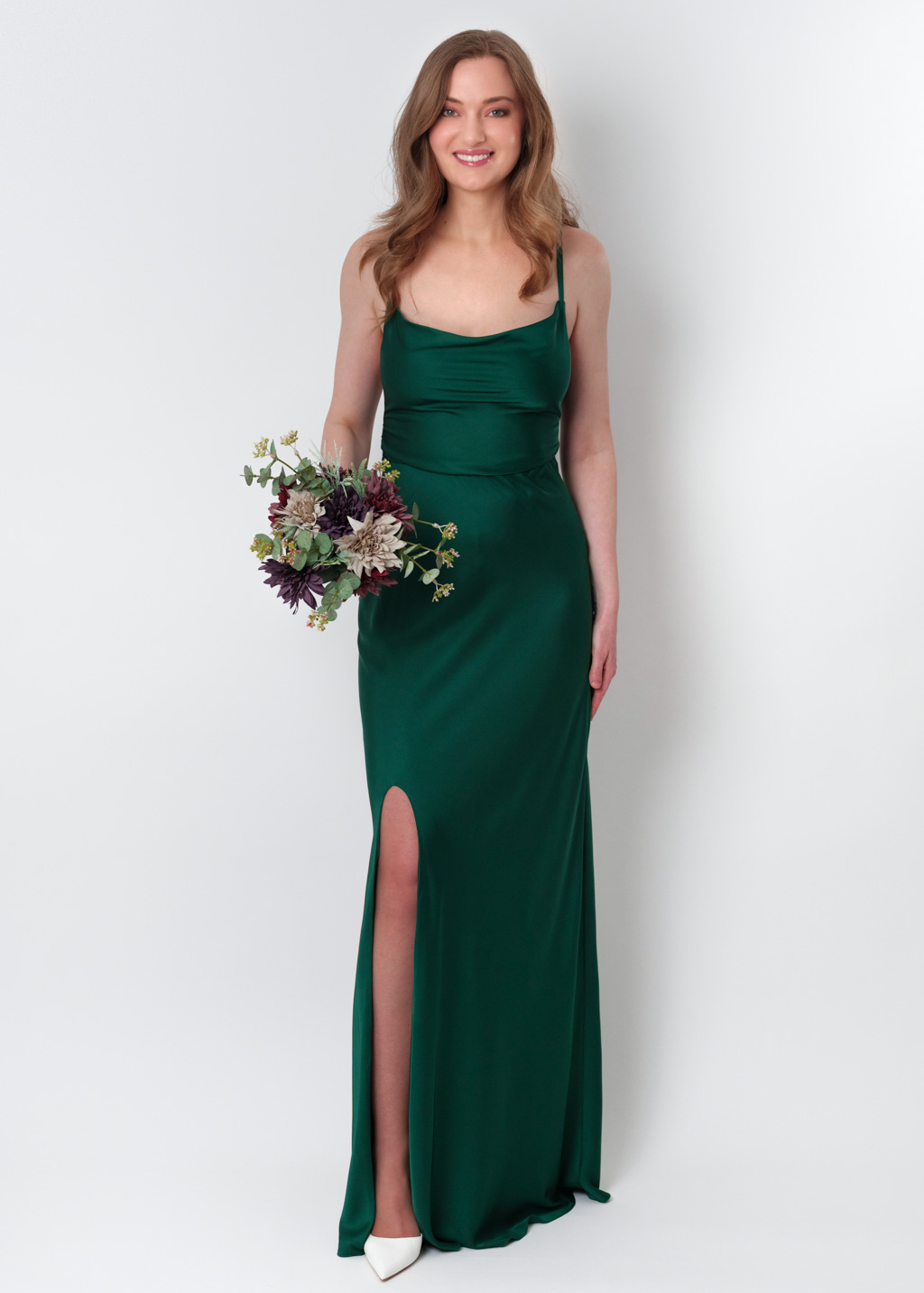 Dark green silk slip slit dress