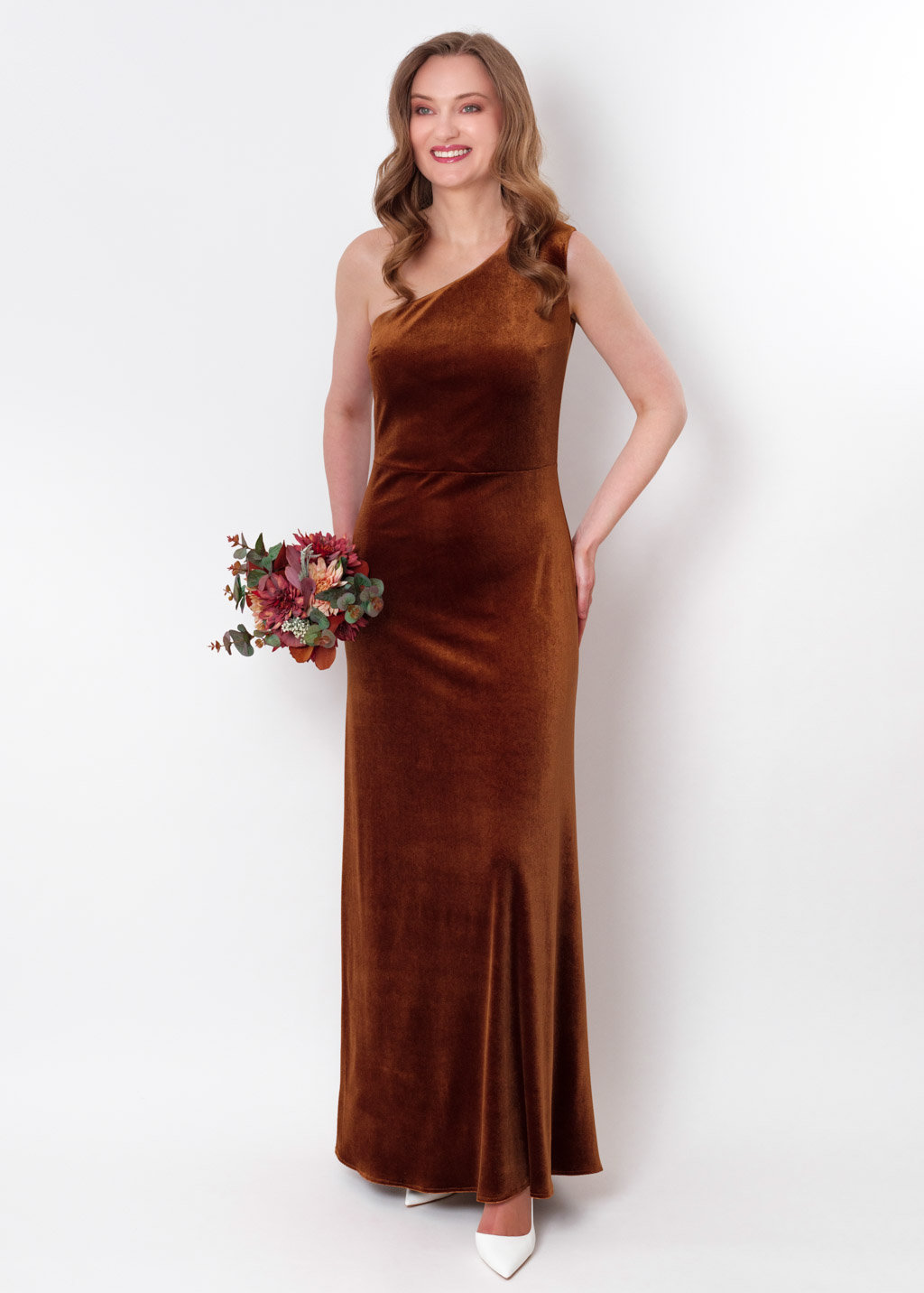 Rust gold velvet one shoulder dress