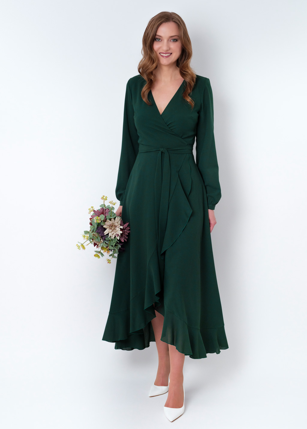 Dark green chiffon wrap dress