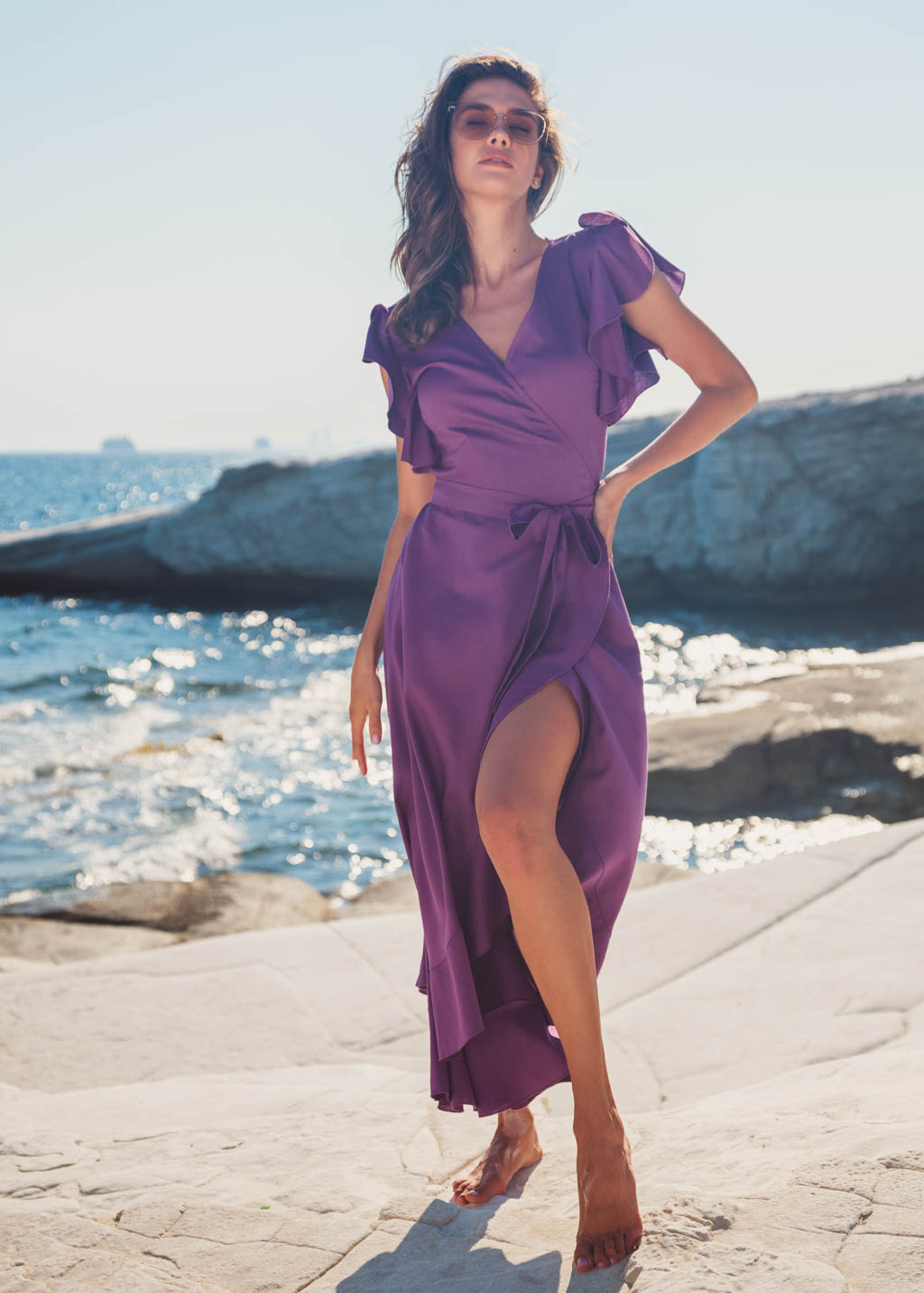 Purple linen wrap dress