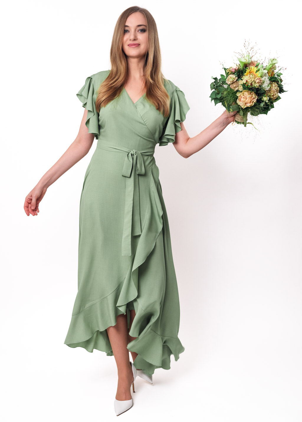 Sage green romantic wrap around dress