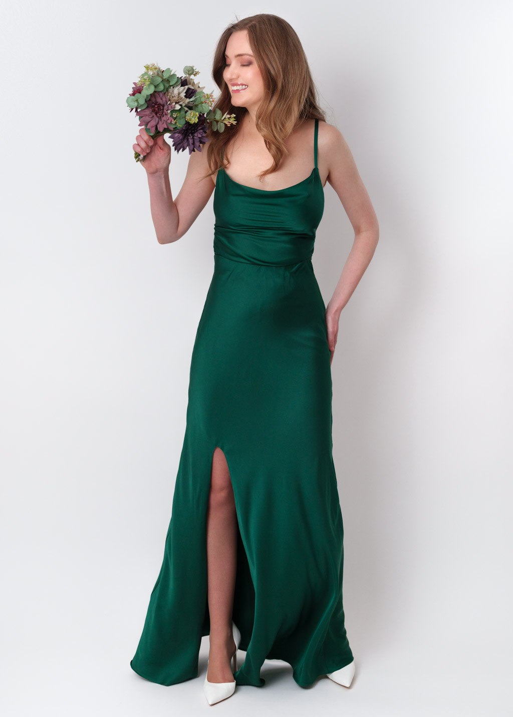 Dark green silk slip slit dress