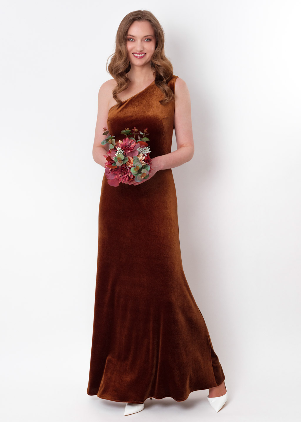 Rust gold velvet one shoulder dress