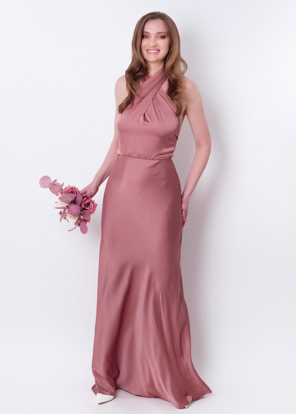 Champagne rose silk long halter dress